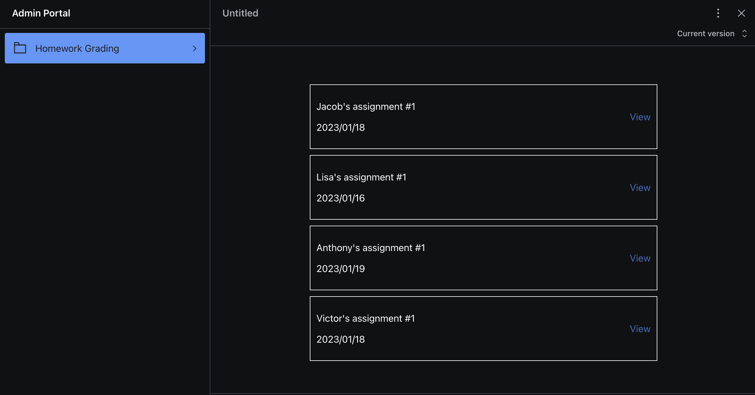 Example dashboard for viewing and grading submissions